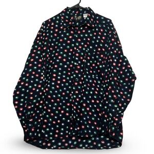Fluid Button Down Shirt Mens Medium Black Polka Dot Excellent Retro Cotton Long